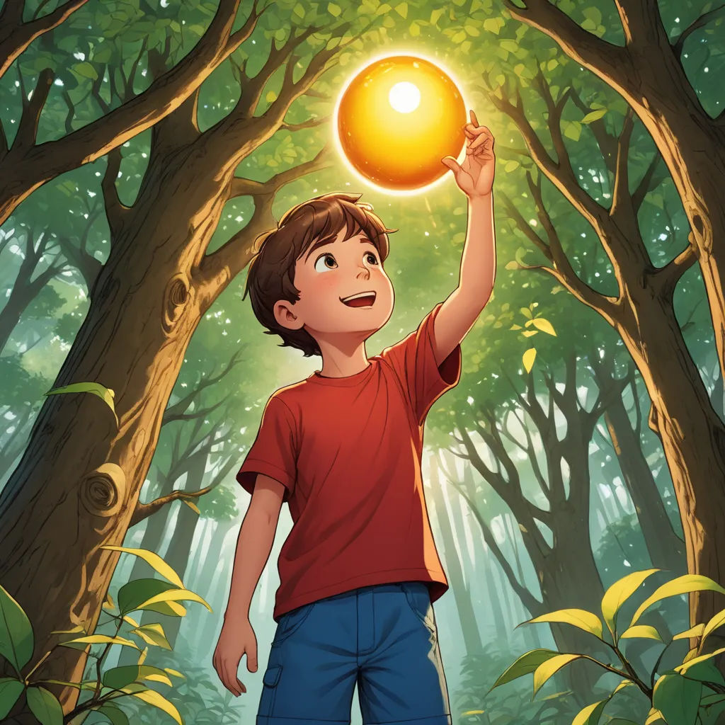 a boy holding a ball in the forest with a light shining on it's head and a forest background, fantasy art, a storybook illustration, Diego Gisbert Llorens, rossdraws global illumination
