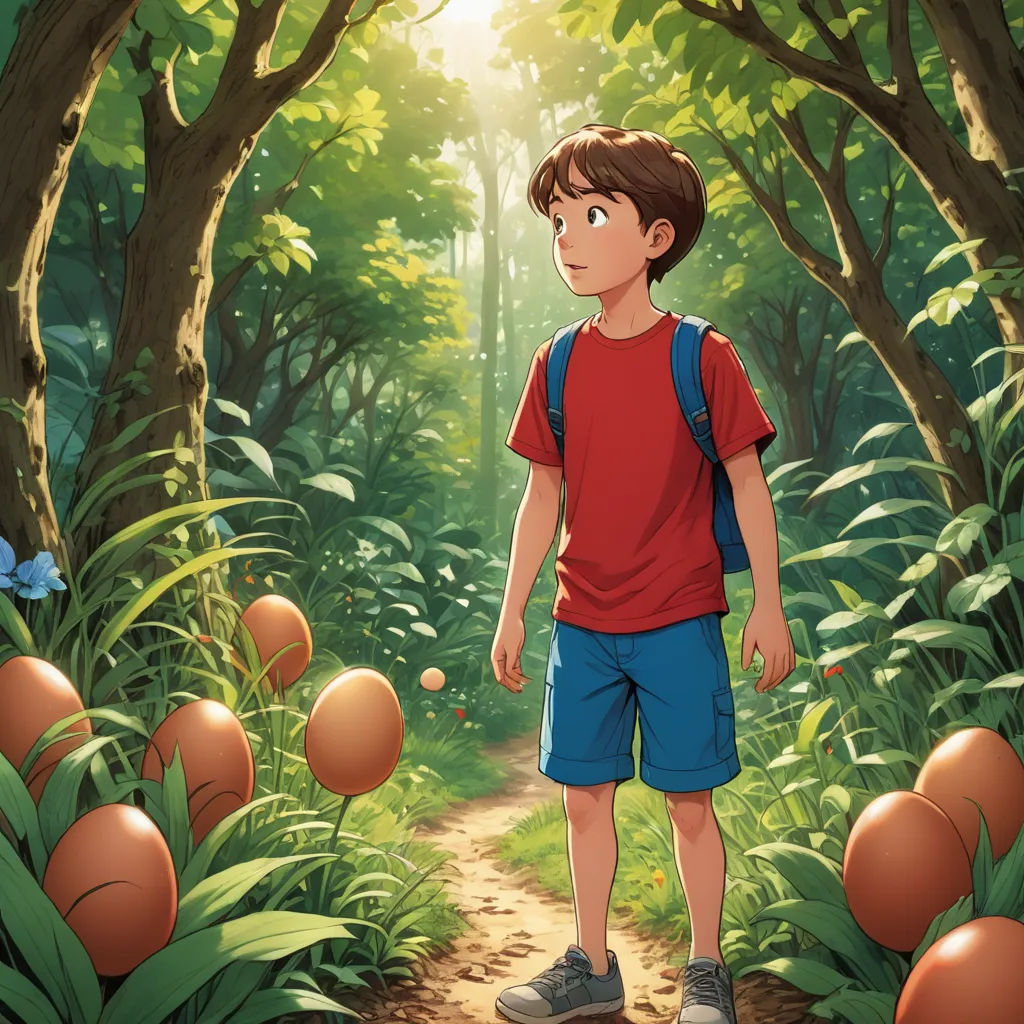 a boy standing in the middle of a forest with eggs on the ground and trees around him, with sunlight shining through the trees, magical realism, poster art, Diego Gisbert Llorens, ghibli