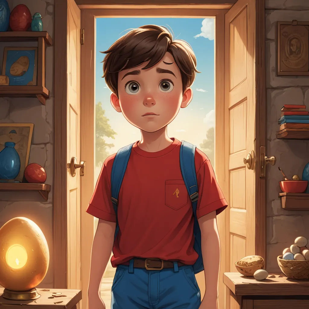 a boy standing in front of a doorway with a light on it's side and a light on his head, symbolism, a storybook illustration, Alejandro Burdisio, rossdraws global illumination