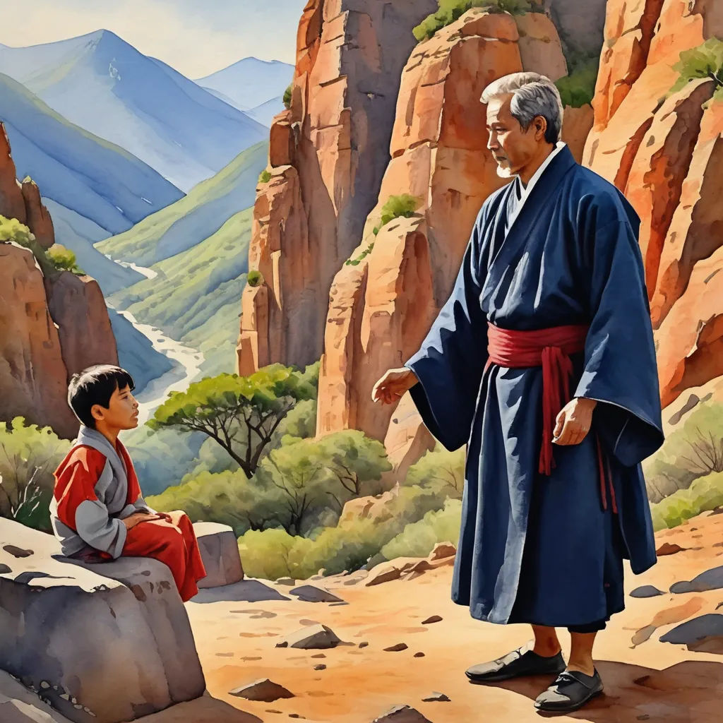 a painting of a man and a boy in a mountain scene with mountains in the background and a valley in the foreground, naive art, a storybook illustration, Brothers Hildebrandt, japanese