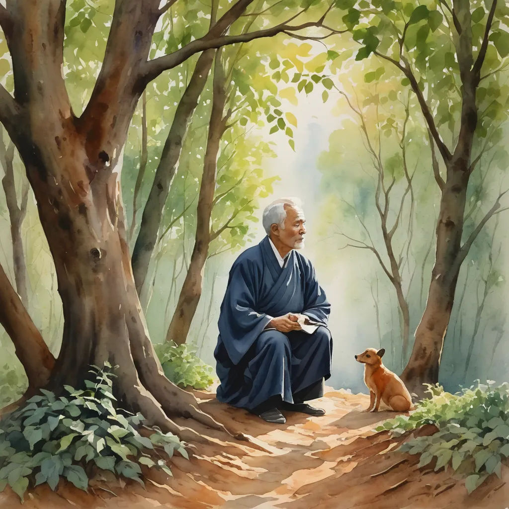 a painting of a man sitting on a path with a dog in front of him and a tree in the background, figurative art, a watercolor painting, Byeon Sang-byeok, in gouache detailed paintings