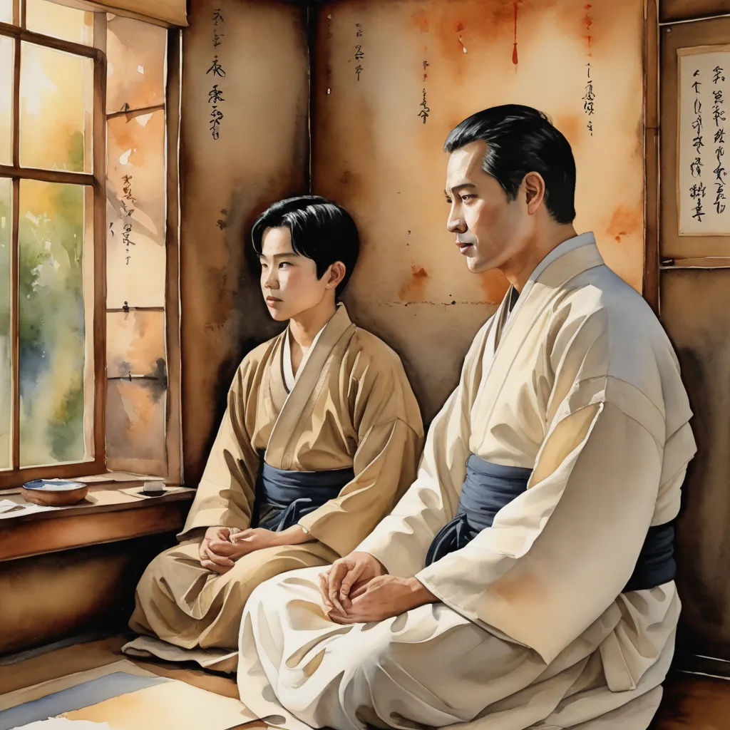 a painting of two men sitting on a window sill in a room with a window and a painting of a man in a kimono, figurative art, a painting, Byeon Sang-byeok, japanese