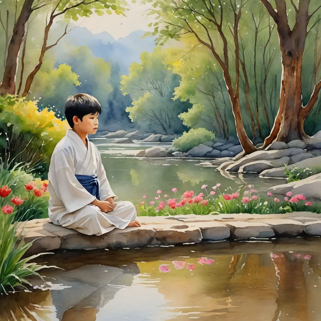 a painting of a boy sitting on a rock by a river with flowers and trees around him and a pond, figurative art, a detailed painting, Choi Buk, detailed painting