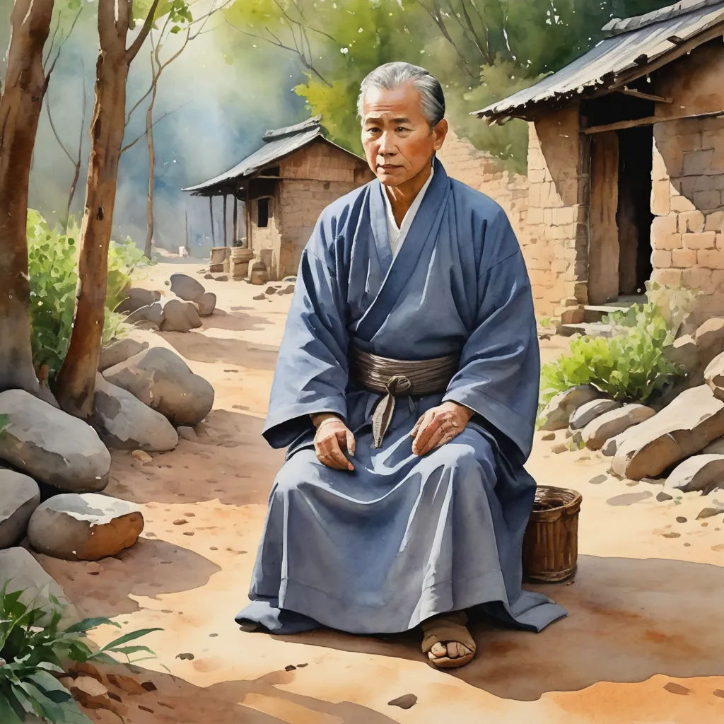 a painting of a man sitting on a rock in a village with a basket of food in his hand, figurative art, a detailed painting, Choi Buk, detailed painting