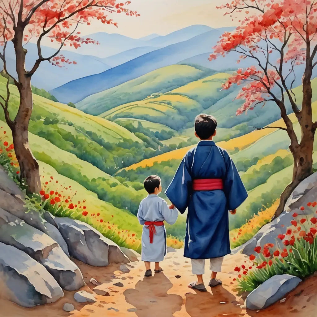 a painting of a man and a child walking down a path towards a mountain valley with red flowers on the trees, naive art, a storybook illustration, Brothers Hildebrandt, japan