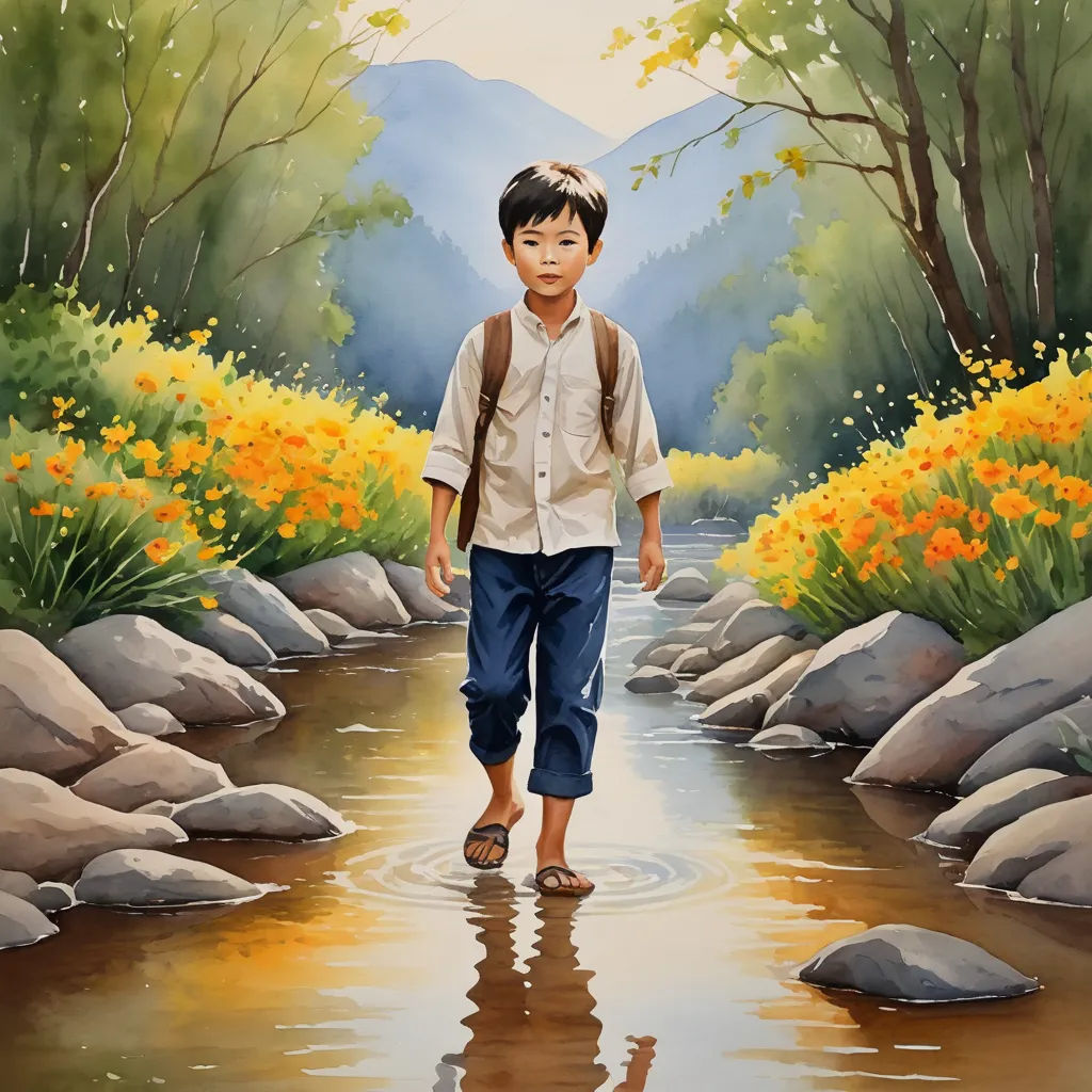 a painting of a boy walking in a stream of water with flowers in the background and a mountain range in the distance, figurative art, a detailed painting, Byeon Sang-byeok, highly detailed digital painting