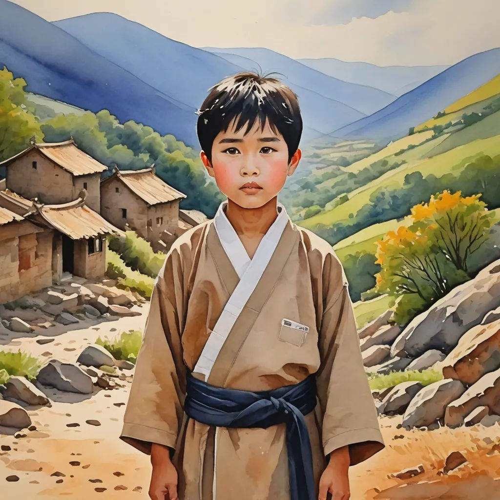 a painting of a young boy in a kimono standing in front of a mountain landscape with a village, figurative art, a watercolor painting, Byeon Sang-byeok, in gouache detailed paintings