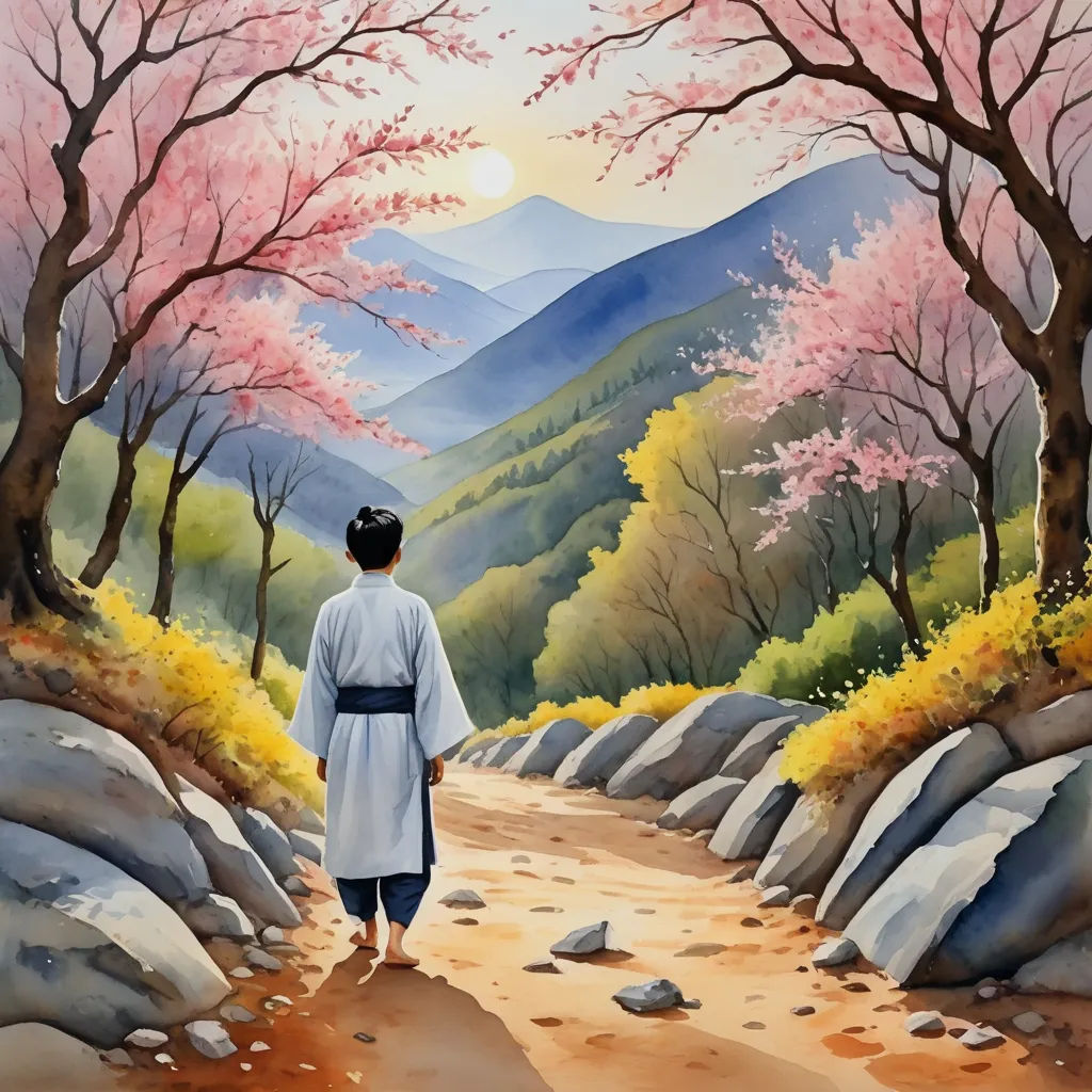 a painting of a person walking down a path with trees in the background and a mountain range in the distance, figurative art, a watercolor painting, Choi Buk, anime art