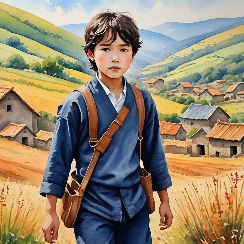 a painting of a boy with a backpack walking in a field with a village in the background and hills in the distance, fantastic realism, a detailed matte painting, Drew Struzan, yukito kishiro