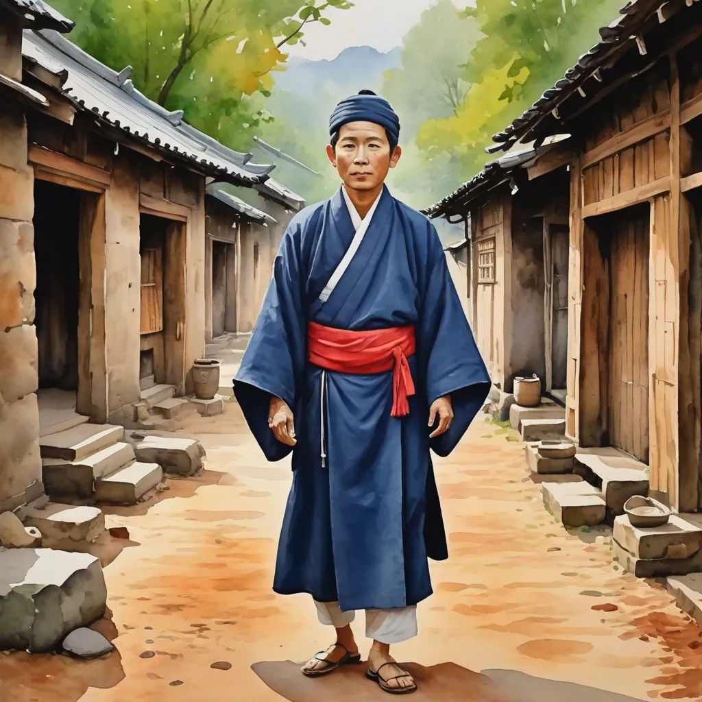 a painting of a man in a blue robe standing in a courtyard with a red sash around his neck, figurative art, a watercolor painting, Byeon Sang-byeok, in gouache detailed paintings