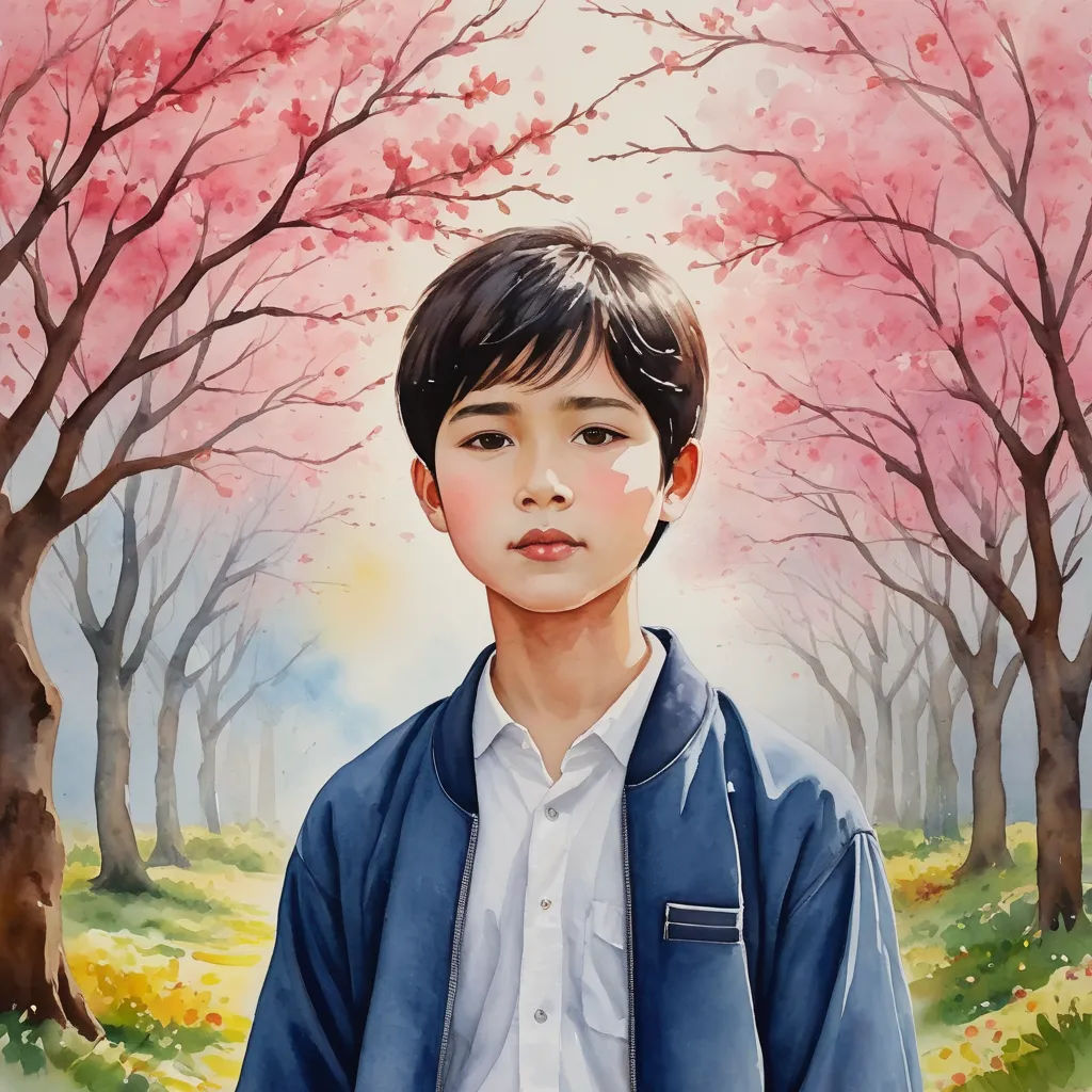a painting of a boy in a blue jacket standing in front of a pink tree with red leaves on it, photorealism, a watercolor painting, Chen Chun, official art