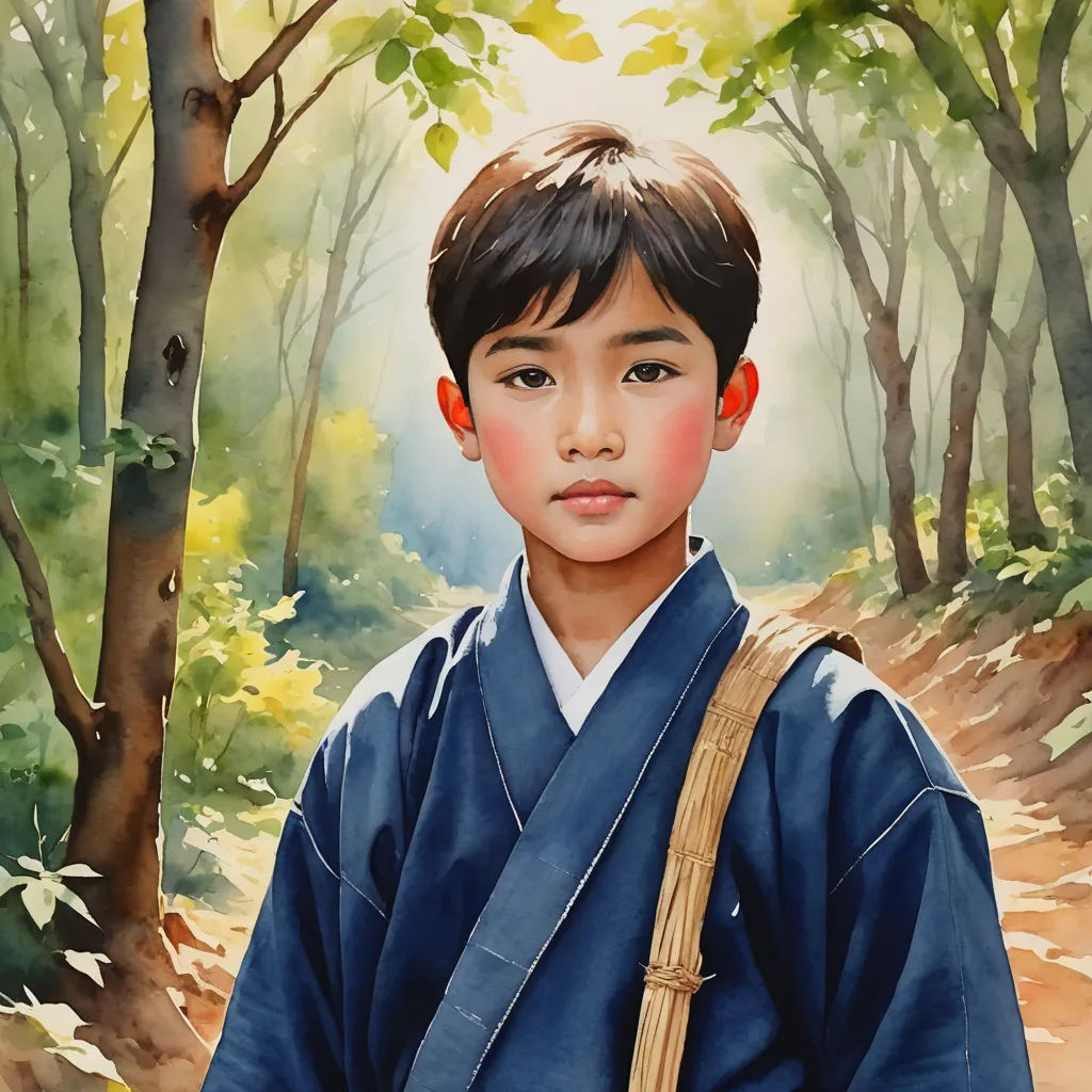 a painting of a boy in a blue kimono in a forest with trees and leaves on the ground, photorealism, a watercolor painting, Byeon Sang-byeok, in gouache detailed paintings