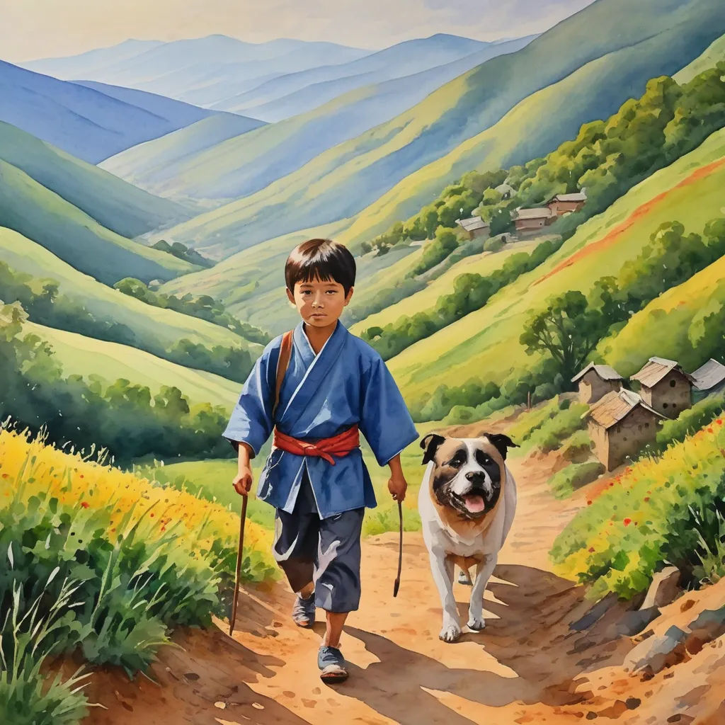 a painting of a boy and his dog walking down a path in a mountainous area with a mountain backdrop, naive art, an oil on canvas painting, Choi Buk, in gouache detailed paintings