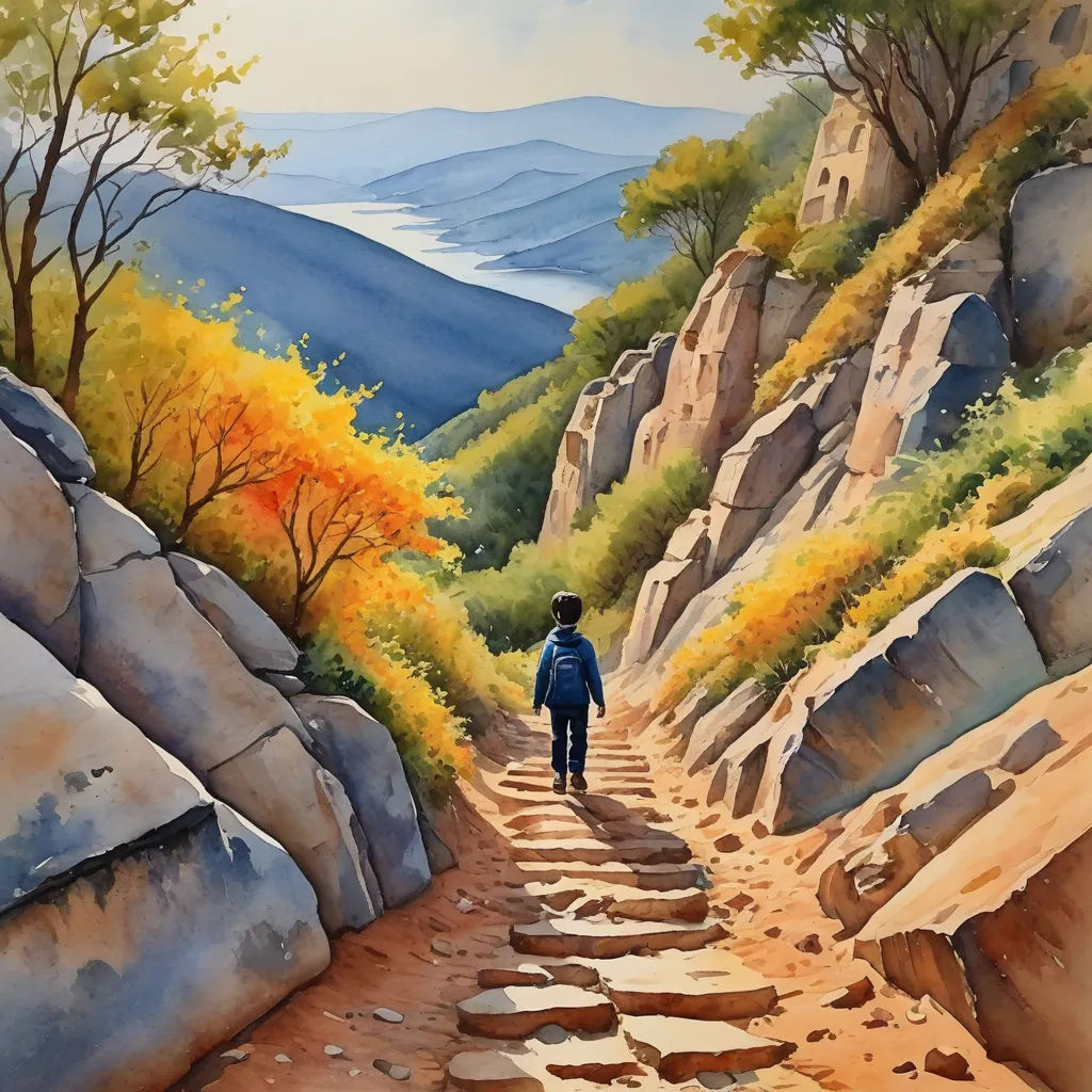 a painting of a person walking up a mountain trail with a view of the mountains in the distance and a person walking up the path, figurative art, a watercolor painting, Choi Buk, very beautiful scenery