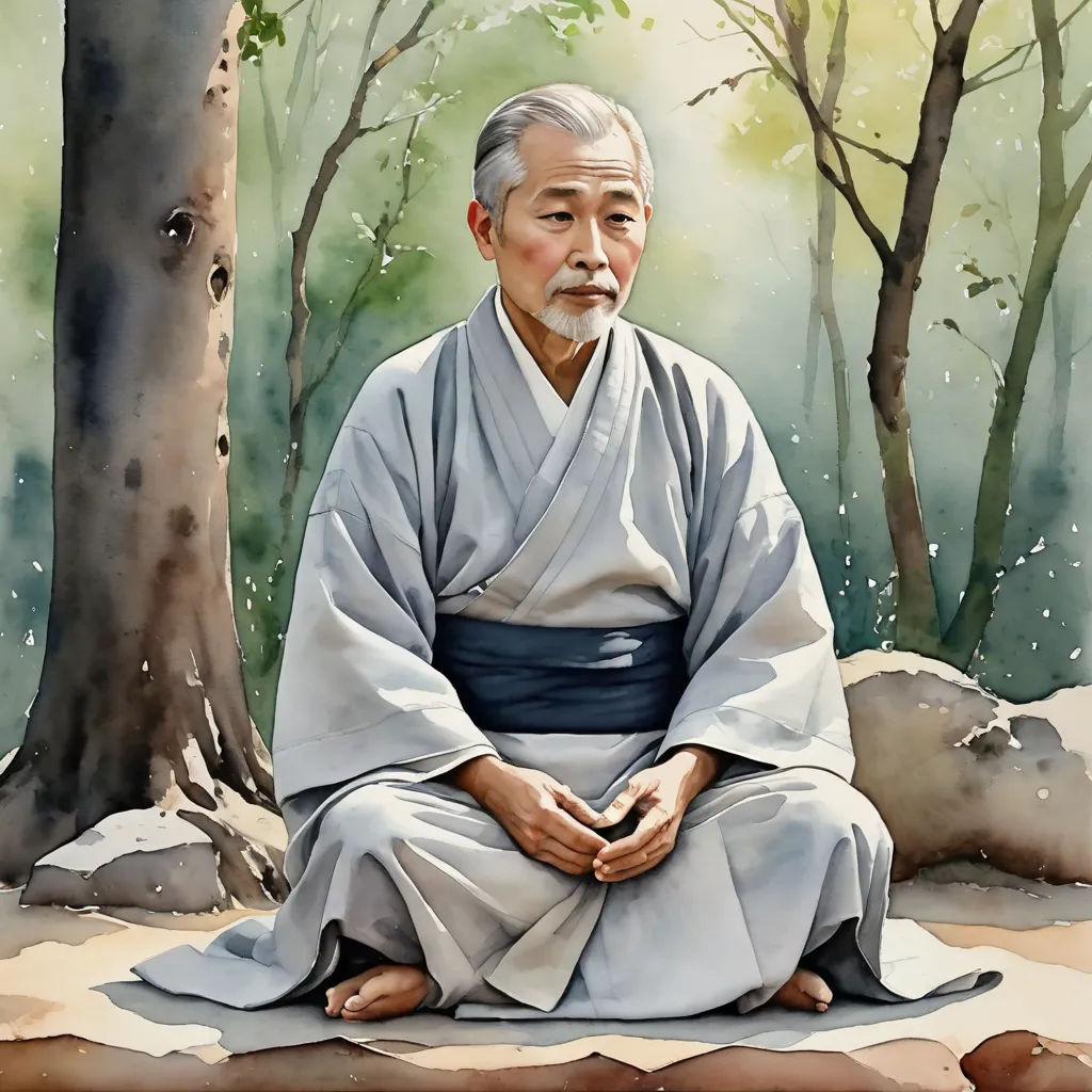 a painting of a man sitting in front of a tree in a forest with a white robe on and a black belt around his waist, sōsaku hanga, a detailed painting, Byeon Sang-byeok, detailed painting