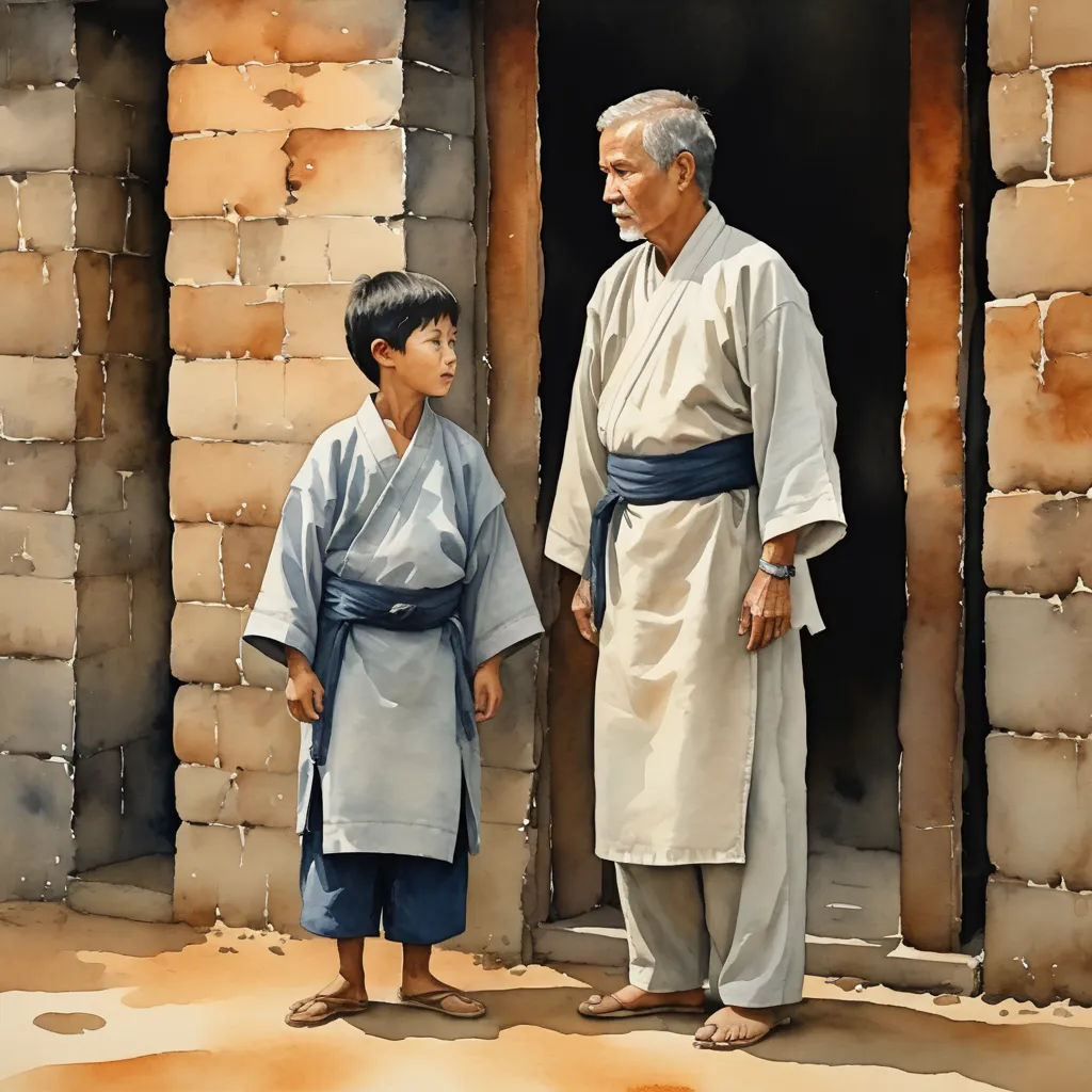 a painting of a man and a boy standing in front of a doorway with a brick wall behind them, figurative art, a storybook illustration, Byeon Sang-byeok, highly detailed digital painting