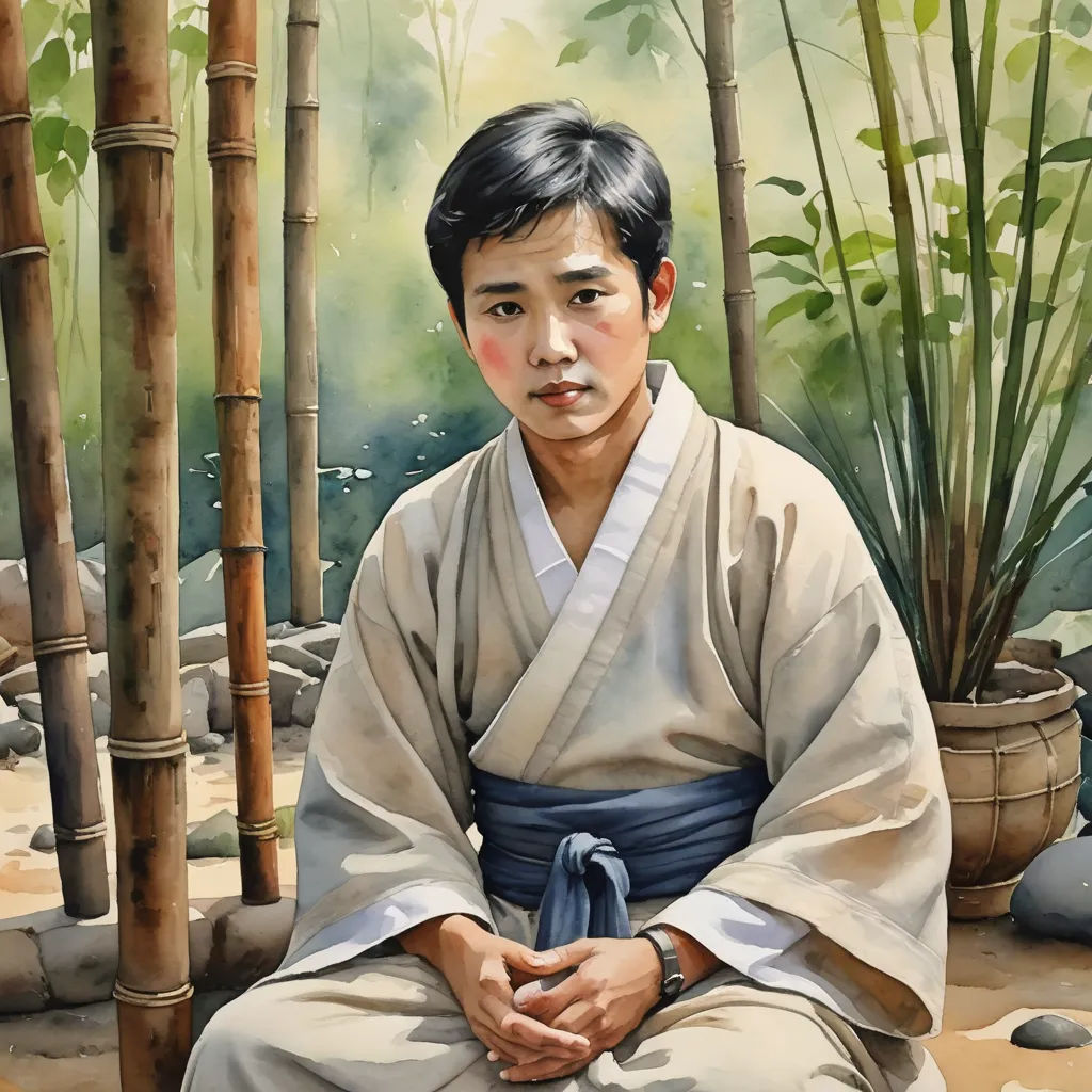 a painting of a man sitting in front of bamboo trees and rocks with a bamboo plant in the background, figurative art, a photorealistic painting, Byeon Sang-byeok, phuoc quan