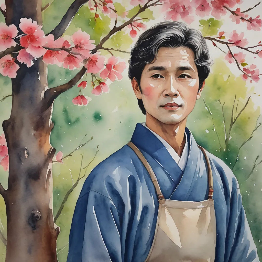 a painting of a man in a kimono standing in front of a tree with pink flowers on it, figurative art, a watercolor painting, Byeon Sang-byeok, detailed painting