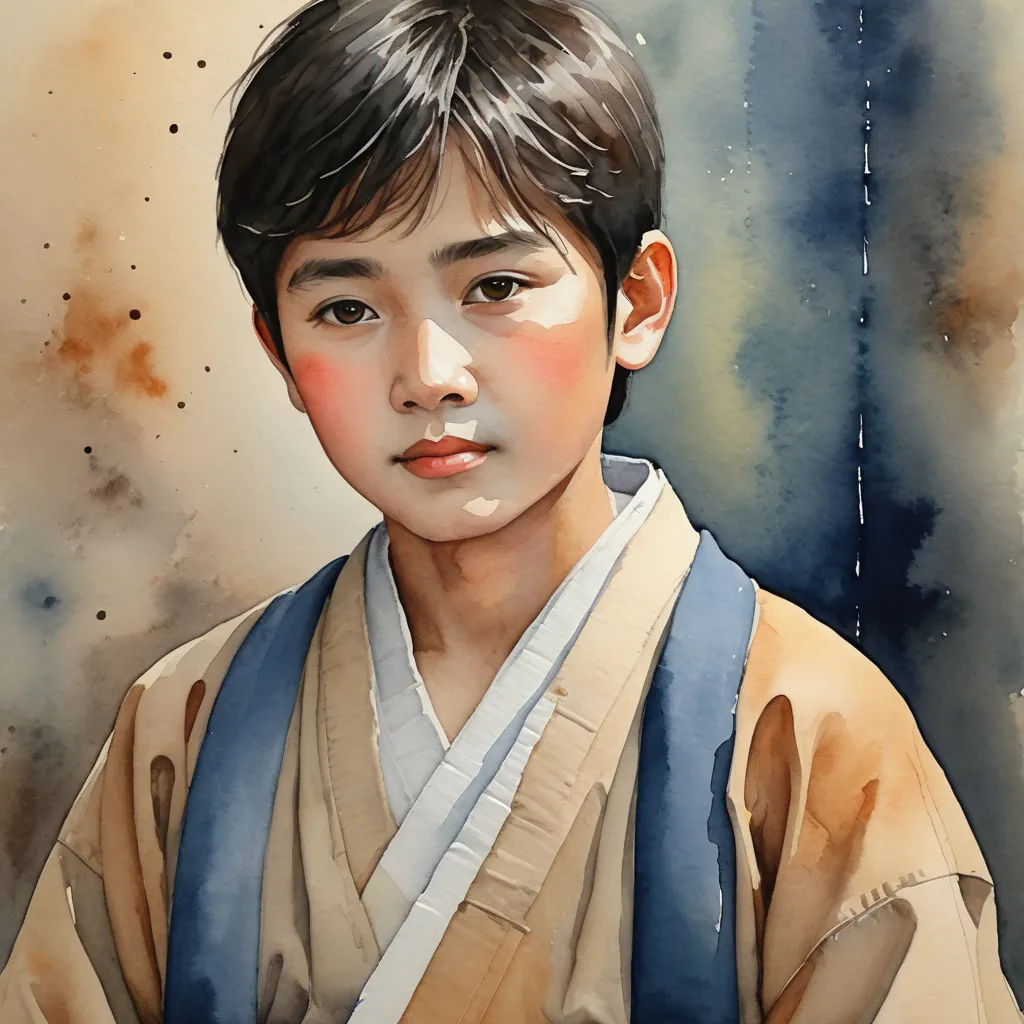 a painting of a young boy in a kimono with a blue sash on his chest and a brown shirt on, figurative art, a watercolor painting, Chen Chun, photorealistic portrait