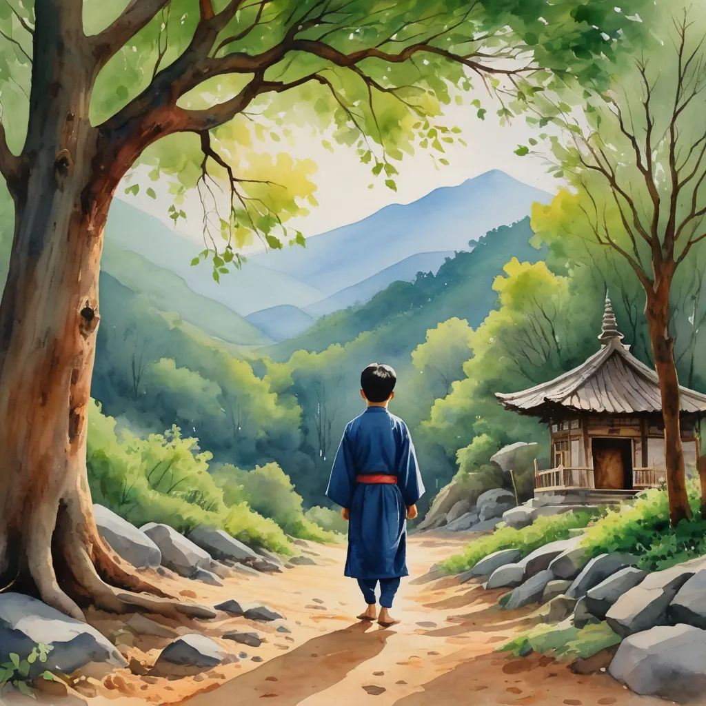 a painting of a person walking down a path towards a hut in the woods with a pagoda in the background, cloisonnism, a storybook illustration, Choi Buk, storybook illustration
