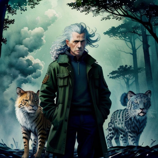 a man in a green coat standing next to two tigers in a forest with a sky background and clouds