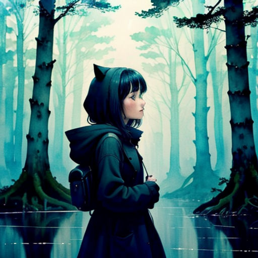 a woman in a black coat and a cat hoodie is standing in a forest with a cat on her back
