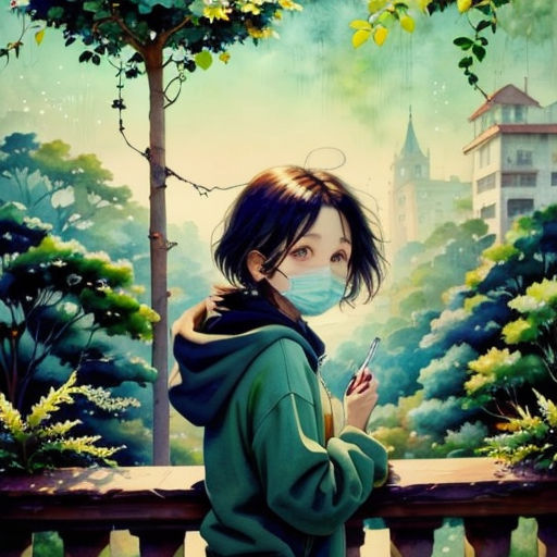 a woman wearing a face mask standing on a balcony looking at a cell phone in front of a painting of a city