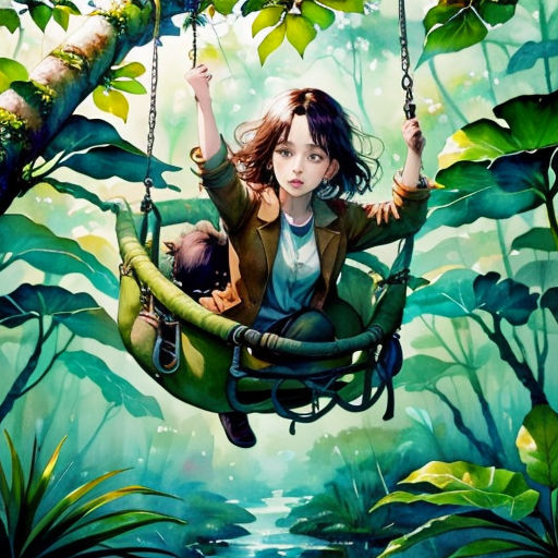 a painting of a girl and a boy on a swing in a jungle with a river in the background