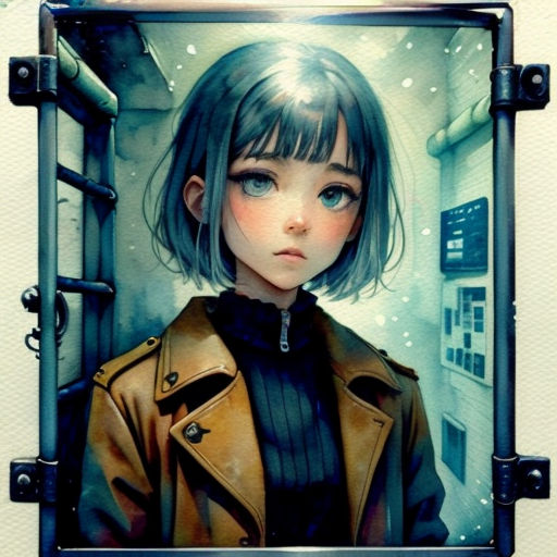 a painting of a girl with a brown jacket and a black shirt and a brown coat and a white background