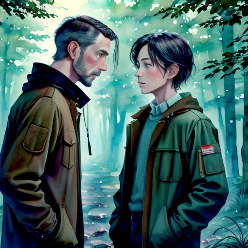 a painting of a man and a woman standing in the woods looking at each other with a forest background