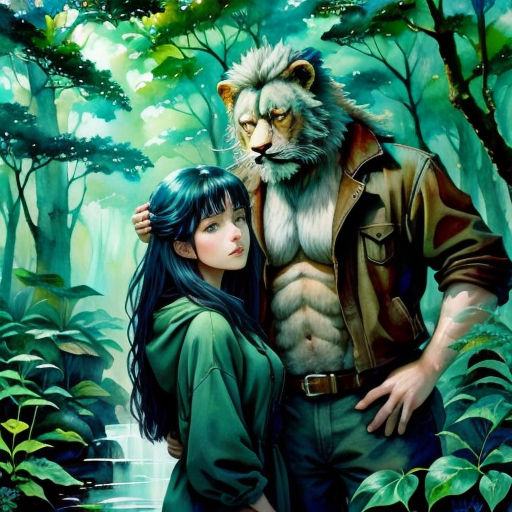 a painting of a man and woman in the woods with a tiger behind them, and a lion behind them
