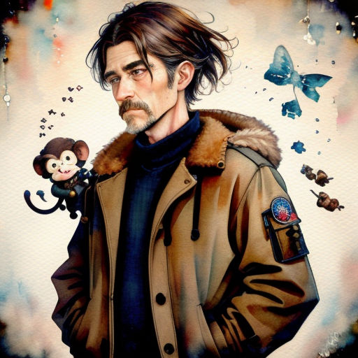 a painting of a man with a monkey on his shoulder and a monkey on his shoulder, with butterflies flying around