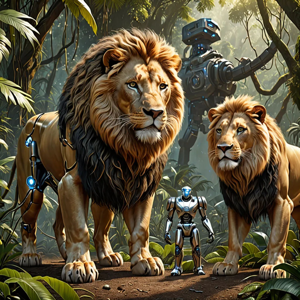 a couple of lions standing next to a robot in a forest with a robot in the background and a man in the foreground, Chris LaBrooy, afrofuturism, a detailed matte painting, highly detailed digital painting