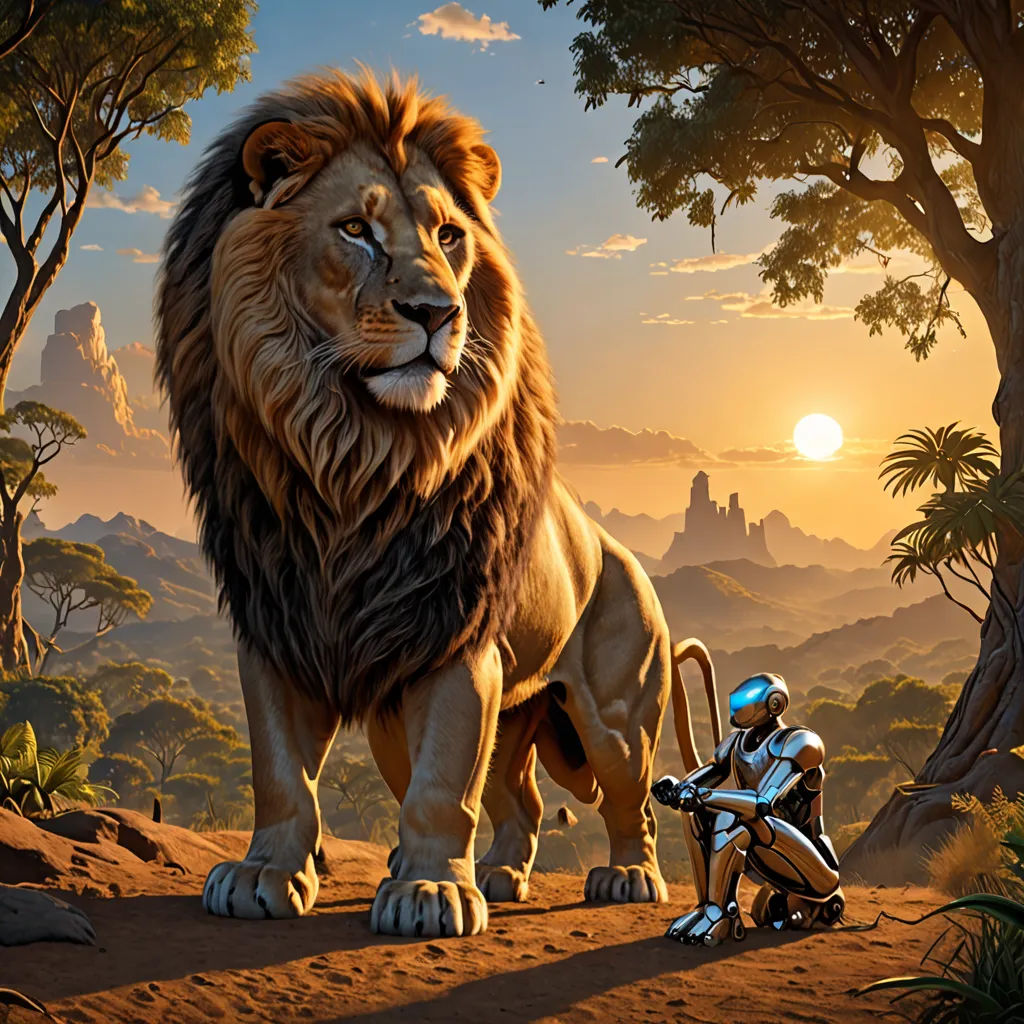 a lion and a robot in a jungle setting with a sunset in the background and a person in a helmet, Chris LaBrooy, fantasy art, a matte painting, rossdraws global illumination