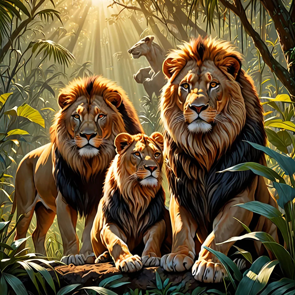 three lions sitting in the jungle with a sunbeam in the background and a group of other animals in the foreground, Brothers Hildebrandt, fantasy art, an oil painting, highly detailed digital painting
