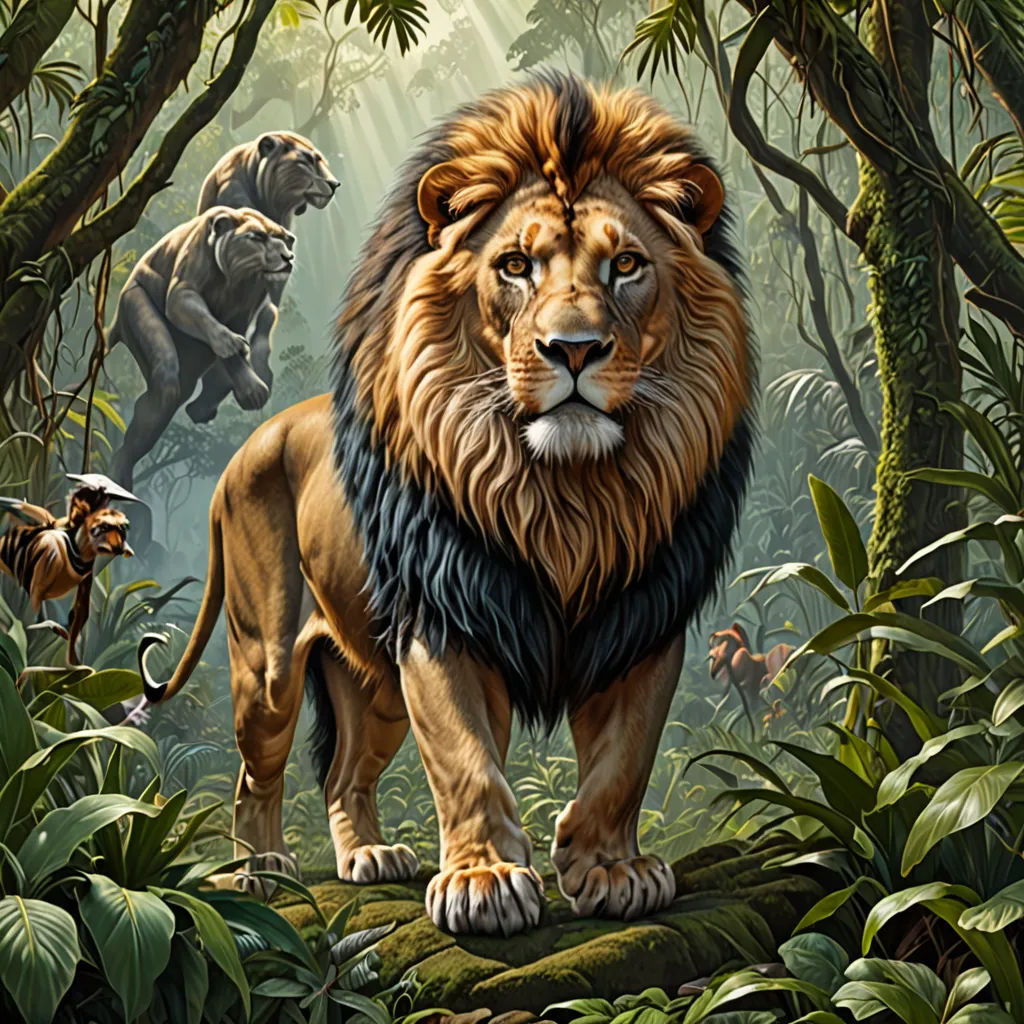 a painting of a lion in the jungle with other animals in the background and a third lion in the foreground, Chris LaBrooy, fantastic realism, a detailed matte painting, highly detailed digital painting