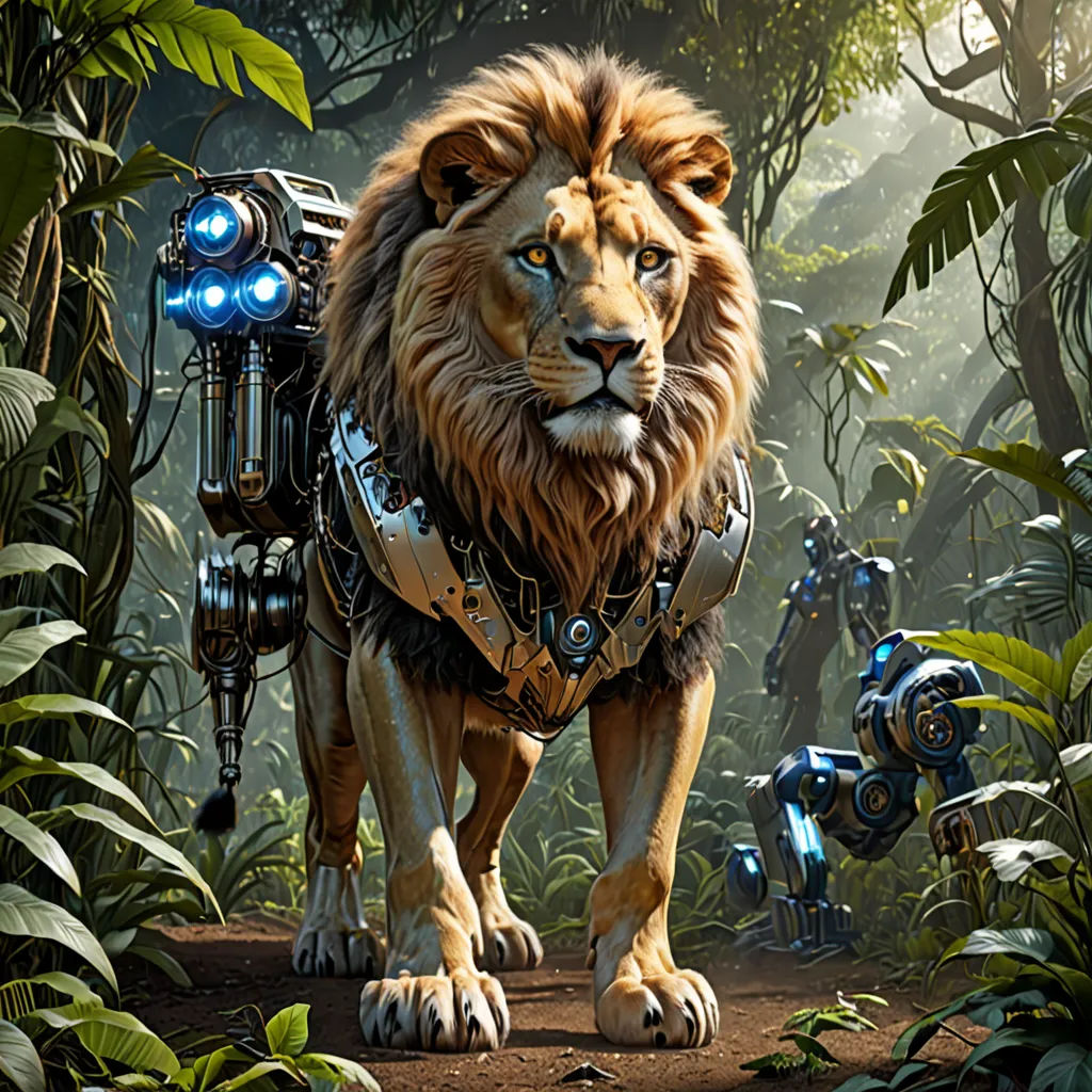 a lion with a robot suit on walking through a jungle with other animals and plants in the background,, Chris LaBrooy, afrofuturism, concept art, promotional image