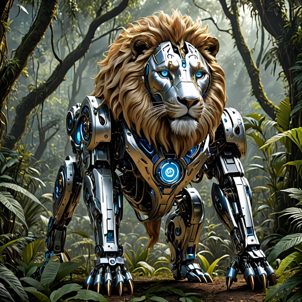 a lion in a jungle with a robot like body and head on it's back legs, with a light blue light on its eyes, Beeple, afrofuturism, a computer rendering, promotional image