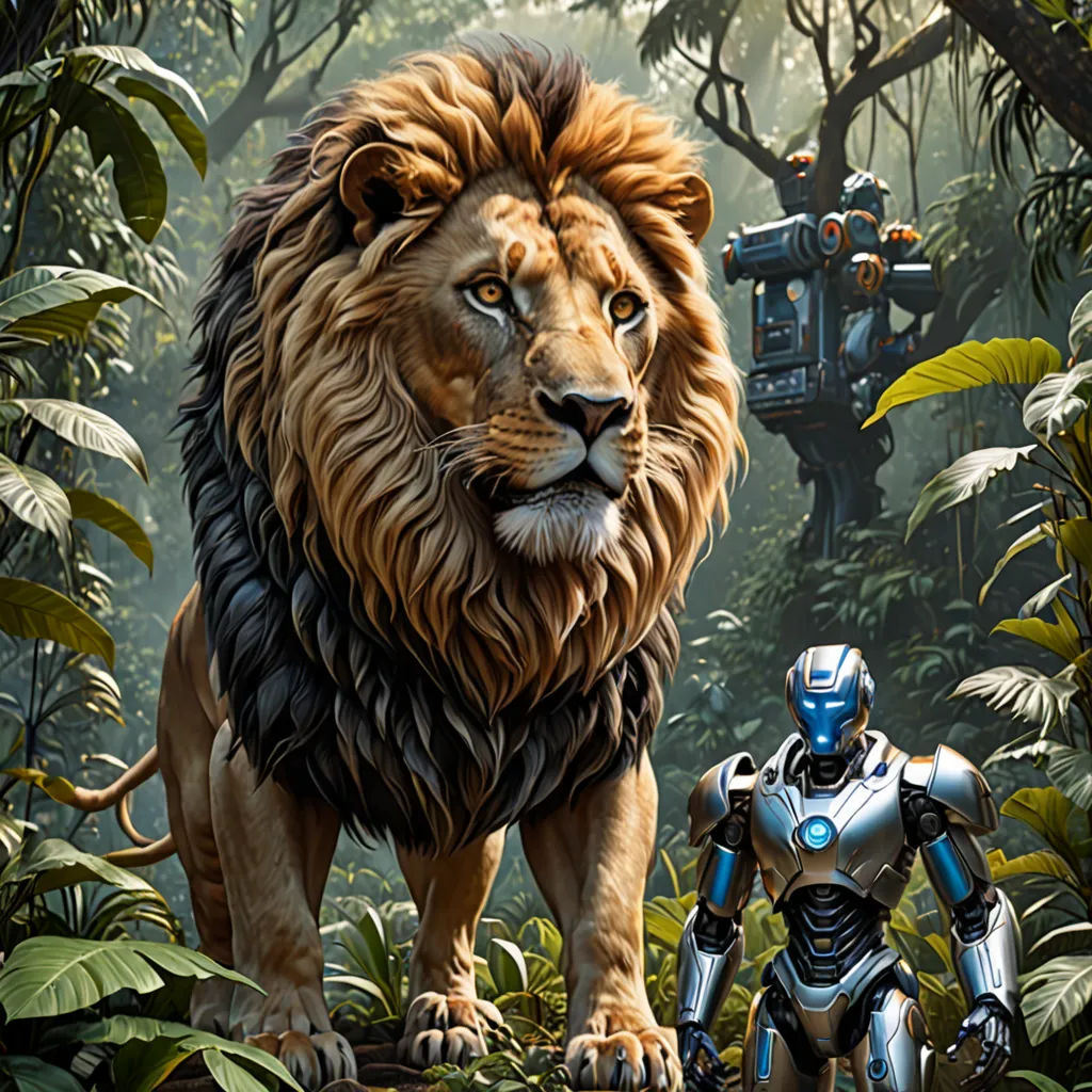 a robot and a lion in a jungle scene with a robot in the foreground and a robot in the background, Chris LaBrooy, afrofuturism, a poster, imax 70 mm footage