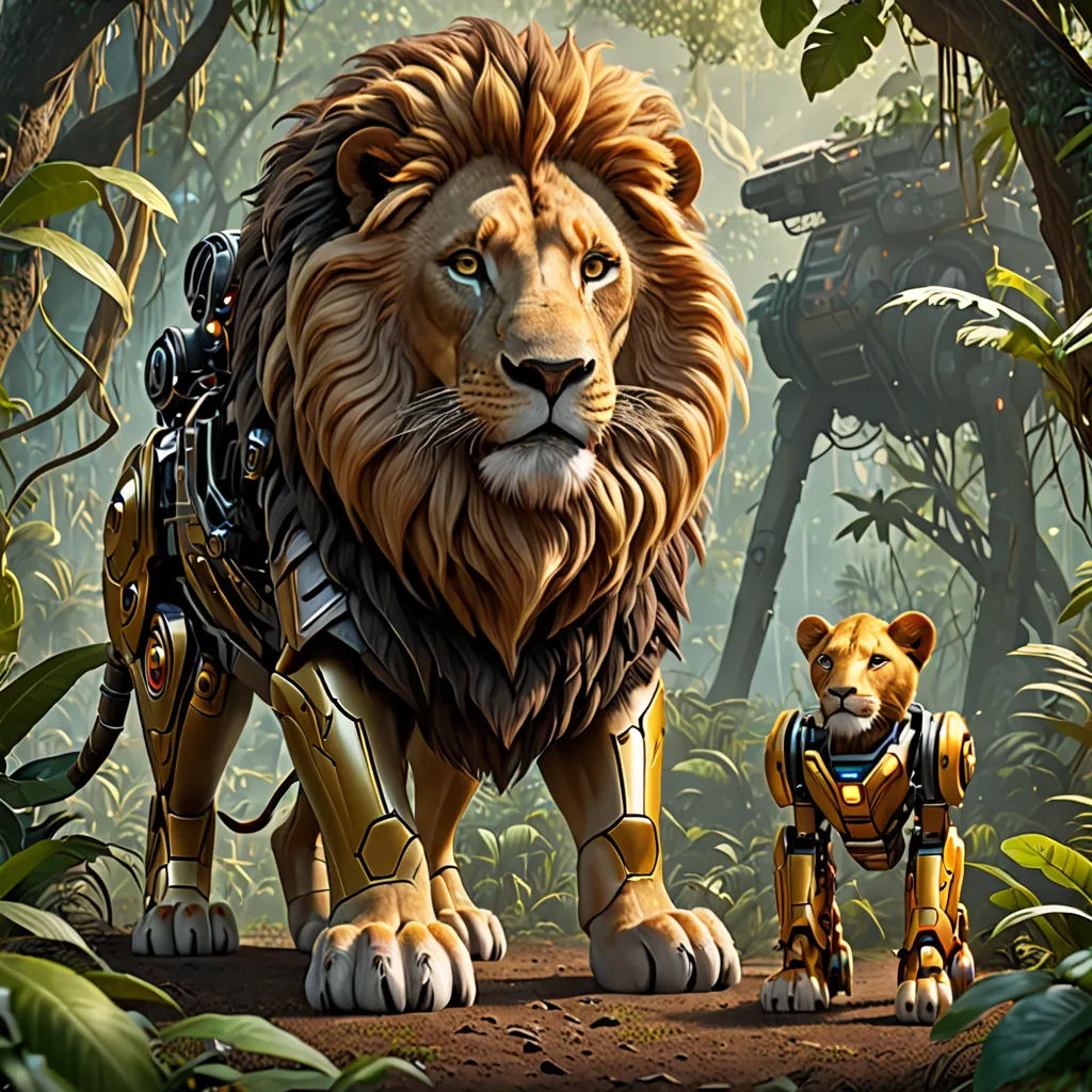 a lion and a robot in a jungle setting with a lion in the foreground and a lion in the background, Chris LaBrooy, afrofuturism, concept art, promotional image