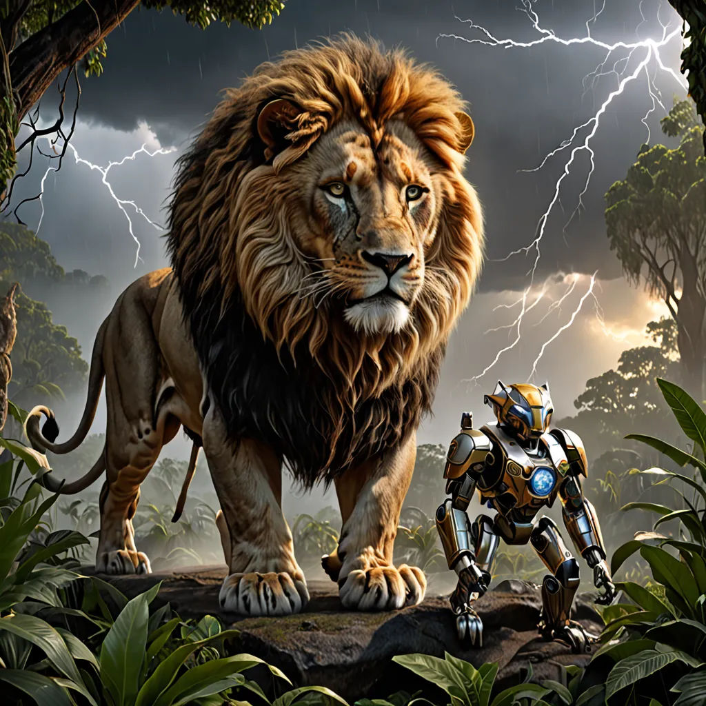 a lion and a robot in a jungle setting with lightning in the background and a storm in the sky, Chris LaBrooy, sots art, a matte painting, promotional image