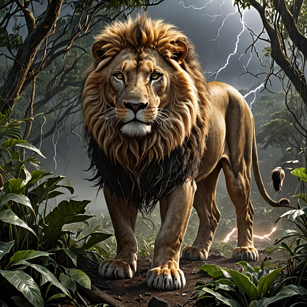 a lion standing in the middle of a forest with lightning in the background and trees and leaves around it, Chris LaBrooy, sots art, an airbrush painting, photoreal