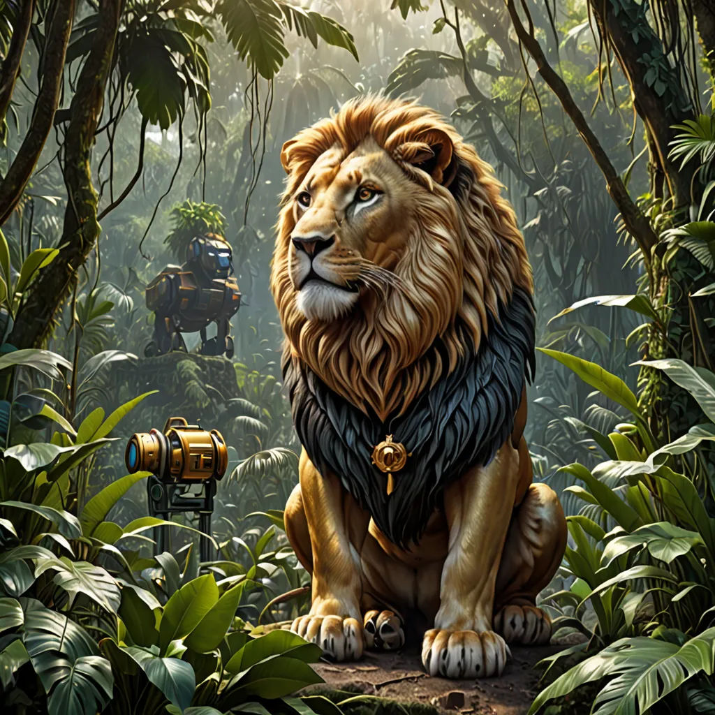 a lion sitting in the middle of a jungle with a camera in its mouth and a camera in its mouth, Chris LaBrooy, sots art, concept art, key art
