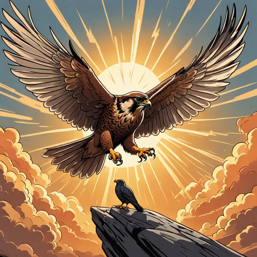 a bird flying over a cliff with a bird on it's back legs and wings spread out, with the sun behind it, a comic book panel, Dan Mumford, fantasy art, josan gonzales and dan mumford