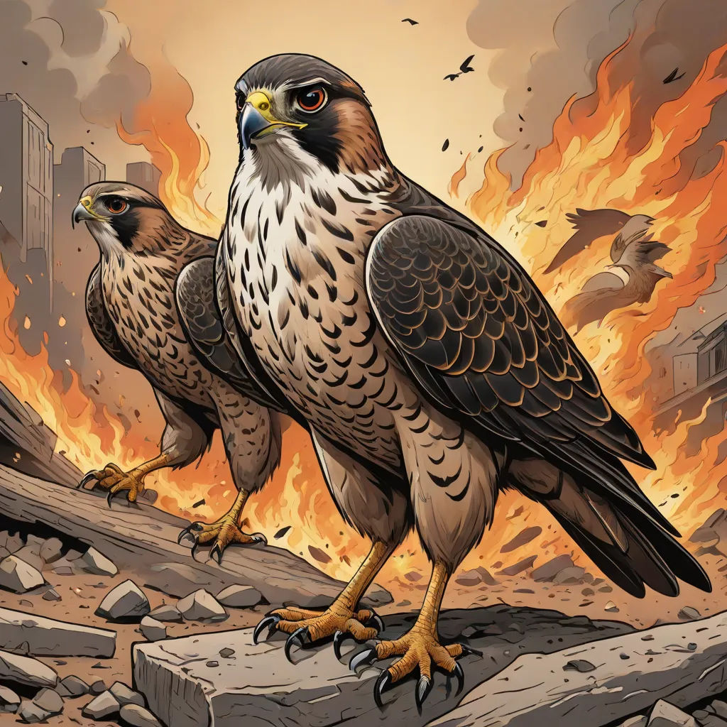 two birds standing on a rock in front of a fire and buildings with flames in the background and a bird with a yellow beak, a comic book panel, Dan Mumford, fantasy art, birds