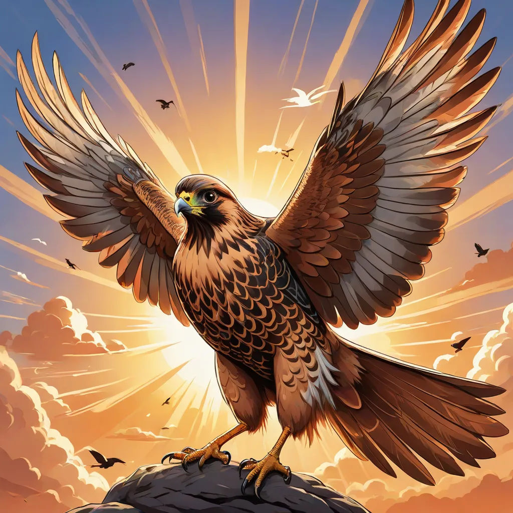 a bird with wings spread out on a rock with a sunset in the background and birds flying around it, a digital painting, Dan Mumford, fantasy art, sun