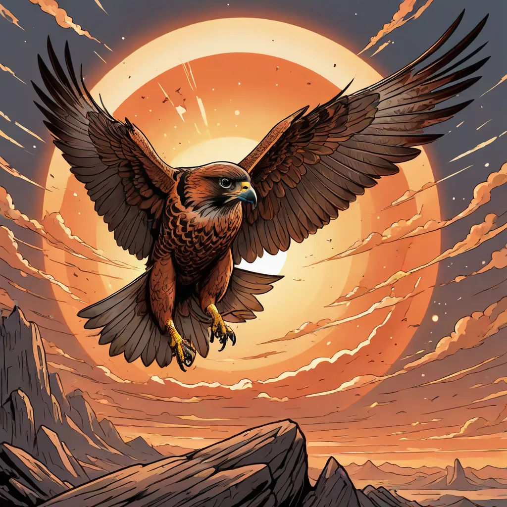 a bird flying over a mountain with a sunset in the background and a full moon in the sky above, a comic book panel, Dan Mumford, fantasy art, comic cover art