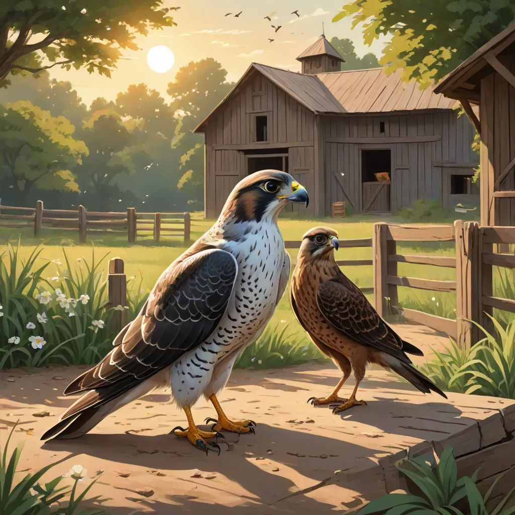 two birds are standing on a platform near a barn and a fence with a bird in the foreground, a storybook illustration, Brothers Hildebrandt, american scene painting, birds