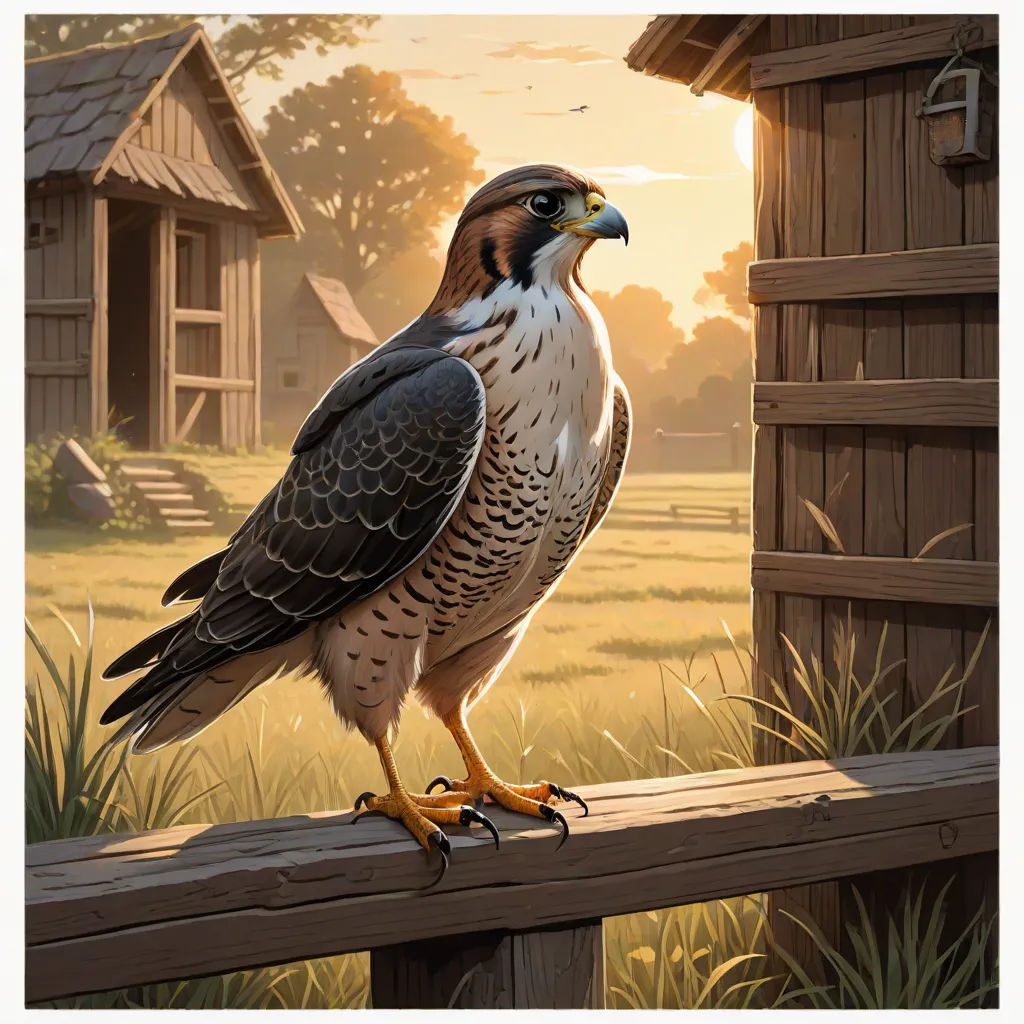 a bird sitting on a wooden fence in front of a barn and a field with grass and a house, a detailed painting, Chris LaBrooy, fantasy art, game art