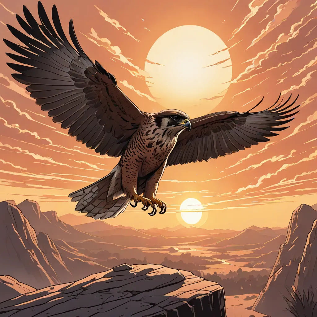 a bird flying over a rocky cliff under a sunset sky with clouds and a sun setting behind it,, a comic book panel, Dan Mumford, fantasy art, comic cover art